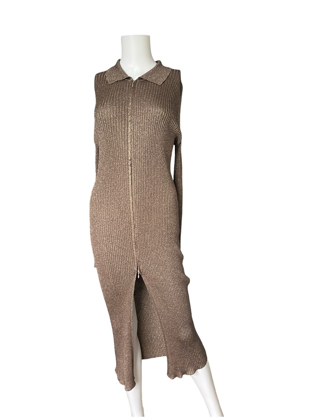 NEW flaw Anthropologie Ribbed Knit Sweater Dress Brown Metallic Womens Size XL